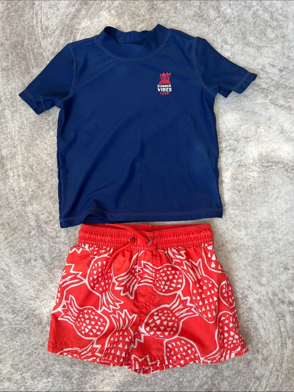 Kids Navy Blue Rash Guard and Red Pineapple Swim Trunks Set